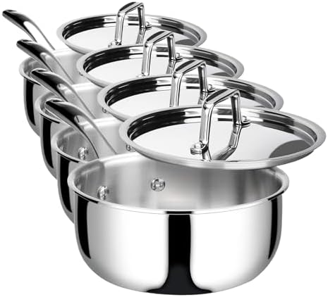 Duxtop Whole-Clad Tri-Ply Stainless Steel Saucepan with Lid, 3 Quart, Kitchen Induction Cookware (Pack of 4)