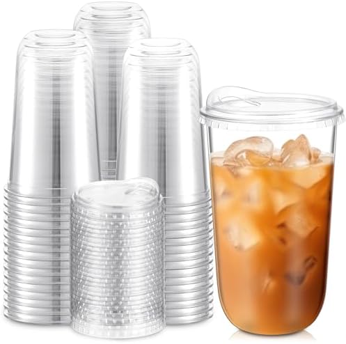 Baderke 100 Pcs Round Bottom Plastic Cups with Lids Clear Togo,18 Oz