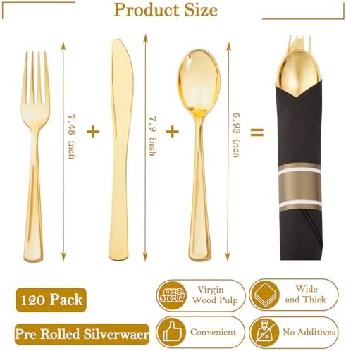 Supernal 120Pack Pre Rolled Black and Gold Plastic Silverware Set