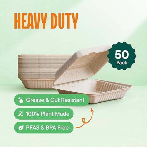 100% Compostable Clamshell Take Out Containers - 9x9 [50-Pack] Heavy Duty