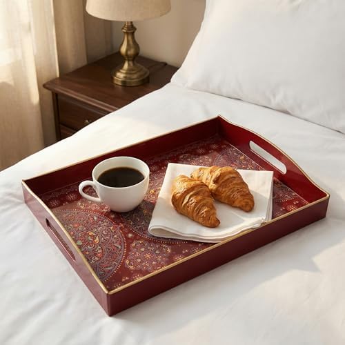 Boho Red Decorative Tray, Serving Tray with Handles, Plastic Tray for Coffee Table, Ottoman - Ideal for Living Room & Bathroom. 15” x 11” x 2.5”