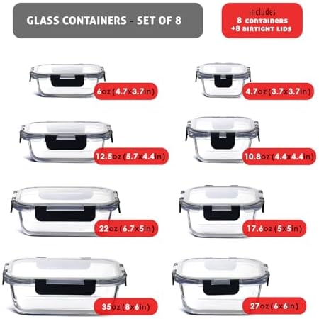EATEX 16pc Glass Food Storage Containers with Lids, Airtight Glass Meal Prep Containers, 8 Reusable Food Storage Bins with 8 Leakproof Snap Lock Lids, Oven Microwave Freezer Safe Containers New