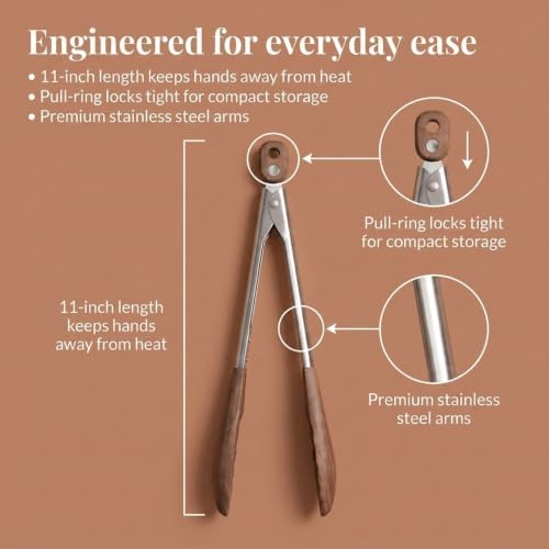 Salt & York 11-Inch Walnut Wood Tongs, Long Handle Kitchen Tongs for Cooking, Salad, Pasta, and Grilling, Farmhouse Style Kitchen & Cookware, Ideal for Entertaining, Wedding and Housewarming Gift