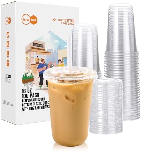 Turbo Bee Disposable Plastic Cups with Lids and Straws, 16 OZ, 100 Pack