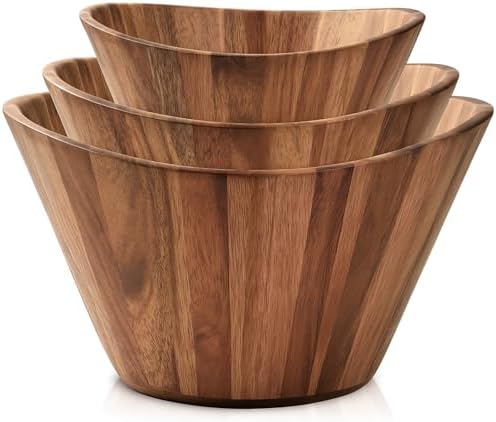 Wooden Salad Bowl Set of 3, Wavy 12" 10" 8" Wood Serving & Mixing Bowls