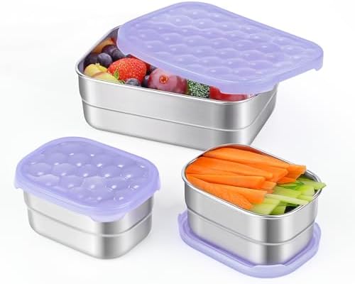 Tanjiae Small Stainless Steel Lunch Containers for Kids | Leak Proof BPA Free Snack Containers with 100% Pure Silicone Lids - Perfect Metal Lunch Box with Lids for School and Daycare (25oz+8oz*2)