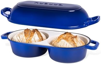 Dutch Oven For Sourdough Bread Baking – Enamelled Cast Iron Bread Loaf Pot – 500°F Oven Safe Non Stick Bread Pot – Double Round Loaf Space, 16.5cm Diameter, Dark Blue, – by Nuovva