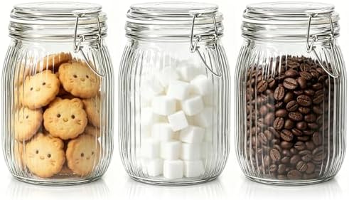 ComSaf Ribbed Glass Pantry Jars with Airtight Lids 34 oz 3 Pack Coffee