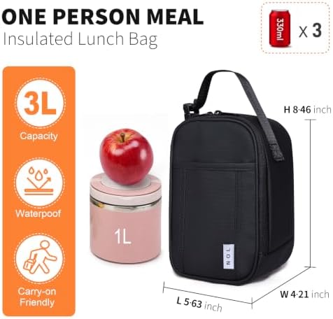 NOL Small Insulated Snack Bag Mini Freezable Cooler Pouch 3L fit 3 Cans | Wide-Mouth 6hours Cool & Warm Lightweight Leakproof Nylon Box for Work Travel Black