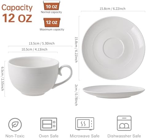 12 oz Cappuccino Cups with Saucers, Ceramic Coffee Cups Set of 4, White Latte Cup and Saucer, Elegant Tea Mugs Set, Microwave Dishwasher Safe Drinkware for Cafe, Housewarming Gift
