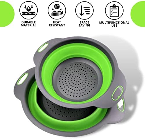 Small Collapsible Colander with Plastic Handles Round Silicone Kitchen Strainers Foldable Kitchen Strainer Perfect for Draining Pasta Vegetable and Fruit Green