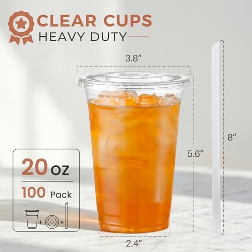 VITEVER [100 Sets - 20oz] Clear Plastic Cups with Lids and Straws, Disposable Cups for Iced Coffee, Smoothie, Milkshake, Cold Drinks