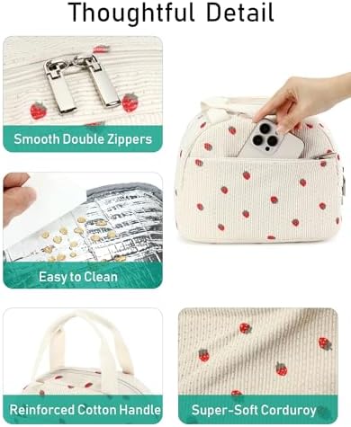 Lunch Box Lunch Bag Insulated Lunchbox Cute Reusable Lunch Tote bags for School Work Picnic for Kids Girls Women (Beige Strawberry)