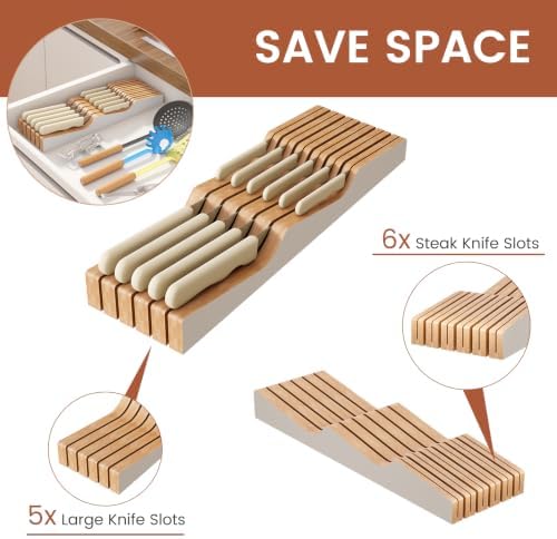 In-Drawer Knife Block Organizer - Bamboo Wood Drawer Knife Organizer-Protecting Knife Organizer Block (Not Included) (White, 11 Knives Dock)
