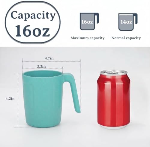 Wrova 16oz Wheat Straw Cups with handles set of 6-Plastic Cups Reusable-Unbreakable Kids Mugs-Dishwasher Safe & Microwave Safe-Ideal Plastic Mugs for Tea,Coffee,Camping,RV-Green