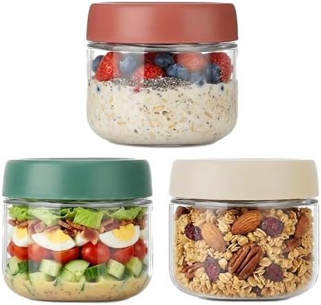 3Pack Overnight Oats Containers with Lids,10oz Glass Jar with Scew Lid,Salad Dressing Fruit Veggies Sauce Snacks Meal Prep Food Containers,Spice Jars,Wide Mouth Storage Containers