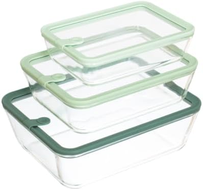 Glad Glass Food Storage Containers, Set of 3 - Airtight Vacuum Sealed Steam Vent Lids - Rectangular Borosilicate Glass Dishes with Ombre Green Lids - Assorted Sizes for Meal Prep & Leftovers, Sage