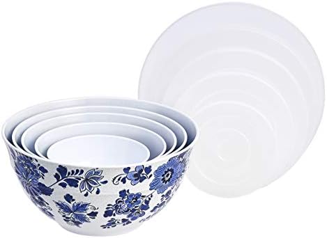 Amazon Basics Mixing Bowls with Lids, Nesting Melamine Serving Bowls, Non-Slip Base, BPA Free, Dishwasher Safe, 5 Sizes, Blue and White Floral, Set Of 10 (Pack of 2)