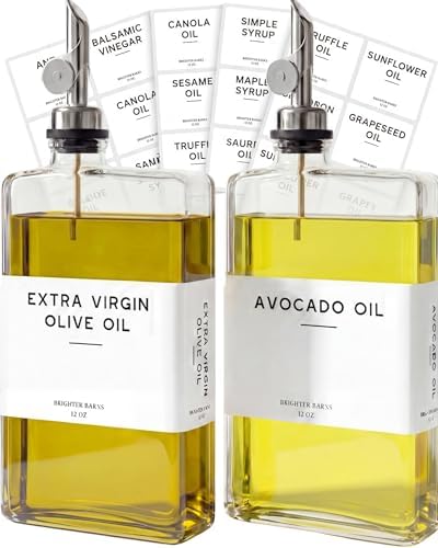 Glass Olive Oil Dispenser Bottle for Kitchen by Brighter Barns - Oil and Vinegar Dispenser Set, Coffee Syrup Bottles - Modern Decor for Restaurants, Coffee Station Accessories (Clear/Silver, Set of 2)
