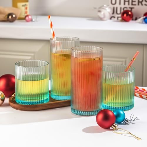 Ribbed Drinking Glasses 8pcs, 12oz and 10oz Glassware, Tumbler Glasses Cup Set for Wedding, Party, Christmas Gift, Blue