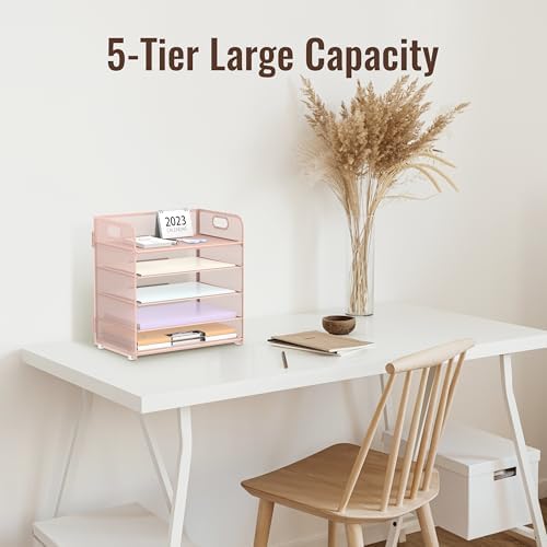 SUPEASY 2 Pack 5-Tier Pink Desk Organizer with Handle Mesh Desk File/Paper Organizer Letter Tray for Office, School and Home Easy Installation, Rosepink
