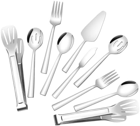 Stainless Steel Serving Utensils, Amafox 10-Piece Serving Utensils Set - Spoons,Slotted Spoons,Forks, Appetizer Tongs,Cake Server and Butter Knife for Party, Daily Use(Silver)