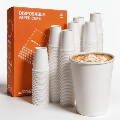 MOUMOULIFE Disposable Paper Coffee Cups 8 oz 100 Count, Leak-Proof White Hot/Cold Paper Cups for Coffee, Tea, Water, Ideal for Kids, Office, Party, School, Home