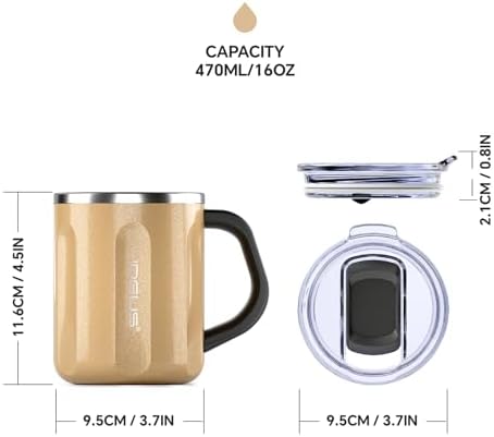 Ideus 16 oz Insulated Coffee Mug with Lid and Handle (Golden, FUJI FLOW)