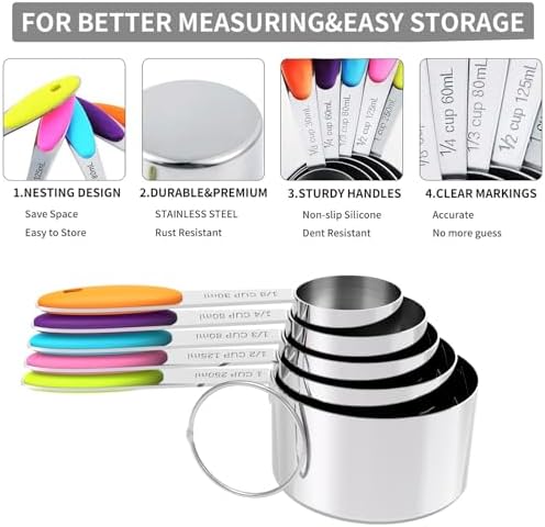 TILUCK Nesting Measuring Cups and Spoons Set, Stainless Steel with Soft Silicone Handle – Heavy Duty & Dishwasher Safe for Measuring Dry/Liquid Ingredients, Ideal for Cooking & Baking (10)