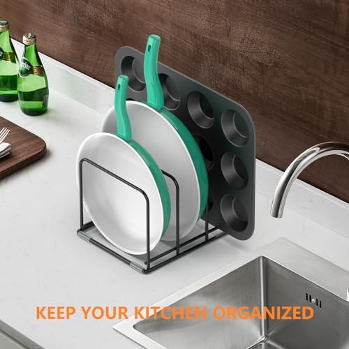 KORRTFID Kitchen Cabinet Organizer, 2PCS Steel Cookware Holder, Divided Holder with 3 Slots for Skillets Baking Tray and Chopping Board Rack - Pan Holder Storage (2.2 Inch Width Slots)