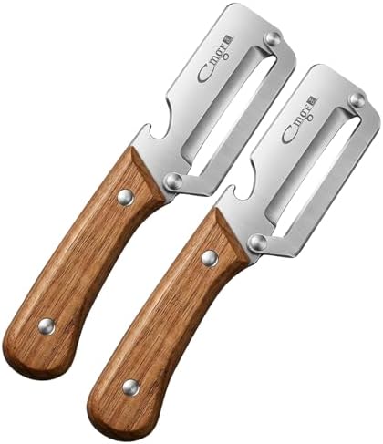 Premium Kitchen Peeler with Bottle Opener,Thickened by 1.8mm&420J2-Equivalent High-Carbon Stainless Steel Blade Multi-functional Peelers for Fruit&Vegetable with Wooden Handle,Right-Hand use [2 Pack]