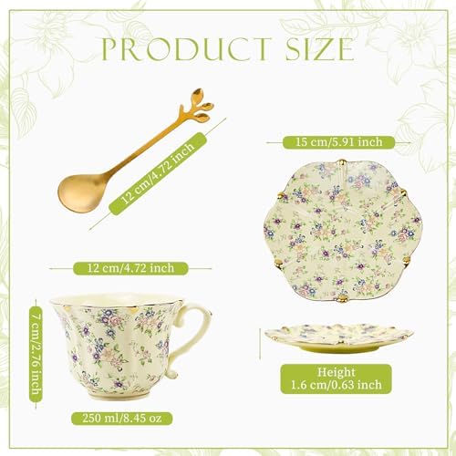TATSUMI Country Roses Bone China Tea Cup and Saucer Set, 6 Pieces, Vintage Style, For Women and Tea Parties（Yellow,2 Sets）