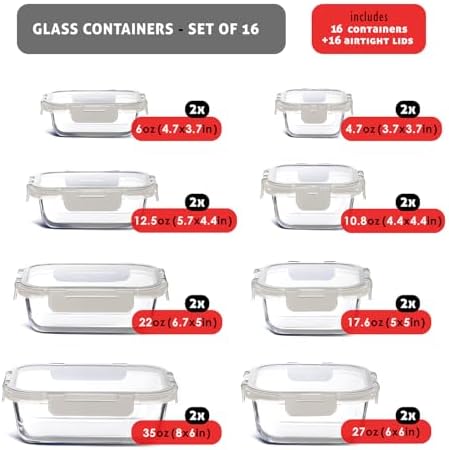 EATEX 32pc Glass Storage Containers with Lids, 16 Glass Food Storage Containers with 16 Airtight Lids for Pantry & Kitchen, Meal Prep Containers for Lunch, Oven Freezer Microwave & Dishwasher Safe