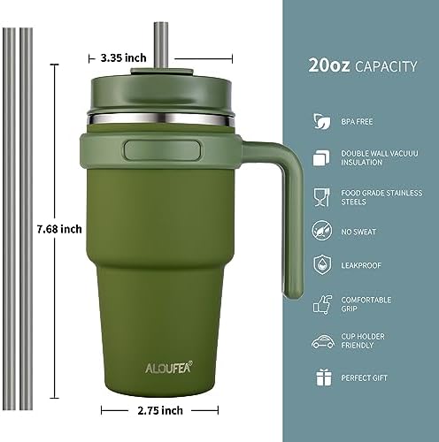 20 oz Insulated Travel Coffee Mug Tumbler with Handle and Straw