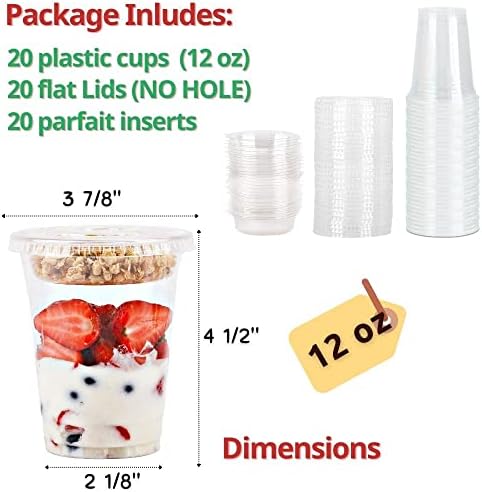 Aatriet 12 oz Clear Plastic Parfait Cups with Insert 3.25oz & Flat Lids No Hole - (20 Sets) Yogurt Fruit Parfait Cups for Kids, for Dips and Veggies, Take Away Breakfast and Snacks. No Leaking