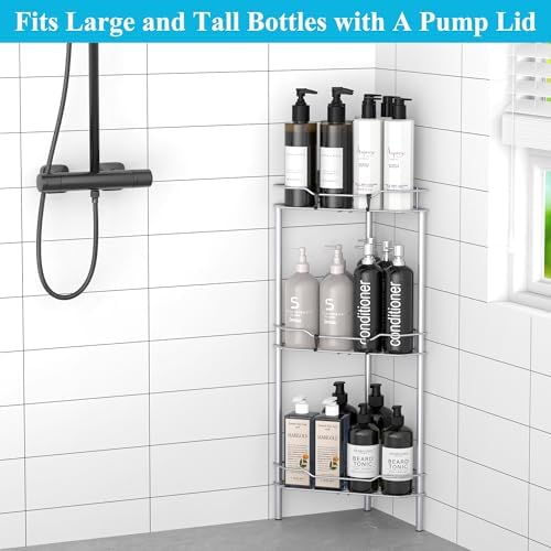HuggieGems Metal Floor Standing Corner Shower Caddy, Silver, 3 Tier