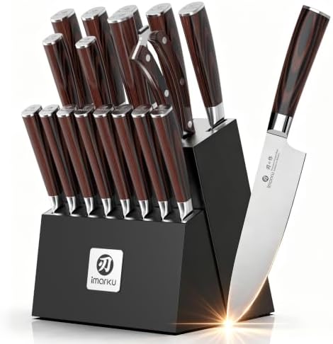 imarku 18-Piece Japanese Santoku Stainless Steel Knife Set with Block