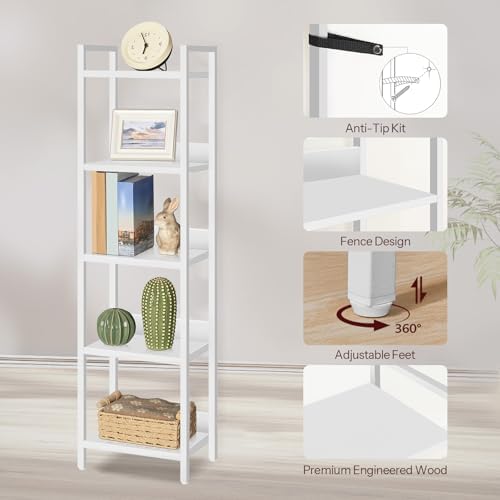 MAHANCRIS Bookshelf, 5-Tier Bookcase, Standing Book Shelf for Small Space, Storage Shelf Organizer, for Living Room, Bedroom, Study, Balcony, White BKBW5501
