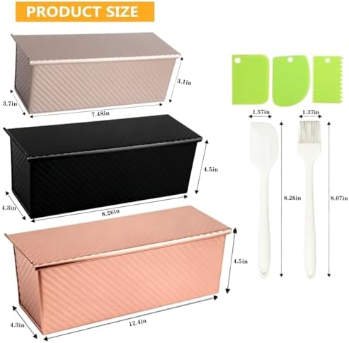 3 Pack Set Pullman Loaf Pan with Lids, 2.2 lb & 1 lb & 0.8 lb Dough Capacity,Non-Stick Sandwich Bread Loaf Pan for Homemade Baking Bread