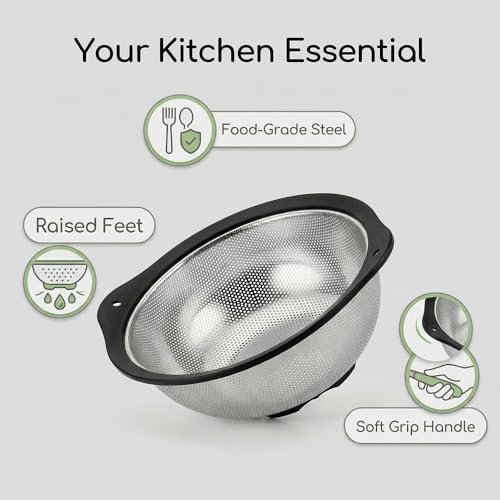304 Stainless Steel Colander 3-Quart, Heavy Duty Metal Strainer with Riveted Handles, Micro-Perforated Food Strainer for Draining Pasta, Orzo, Rice, Berry, Stable Ring Base, Rust Free