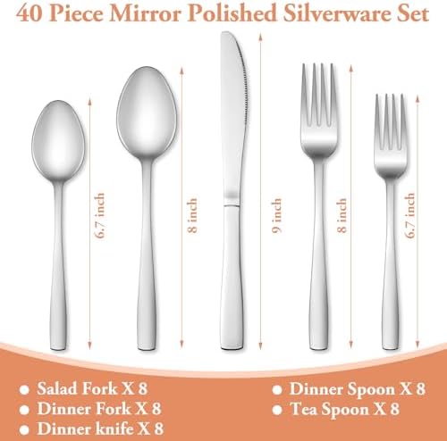 40 Pcs Silverware Set, Stainless Steel Flatware Set for 8, Food-Grade Cutlery Set, Mirror Polished Tableware Eating Utensils Set for Home Kitchen, Include Knife Fork Spoon Set, Dishwasher Safe