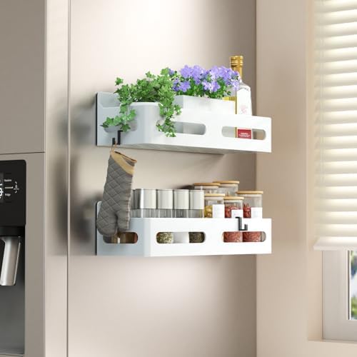 Sevenblue 2-Pack Magnetic Spice Rack for Refrigerator with Hooks, White