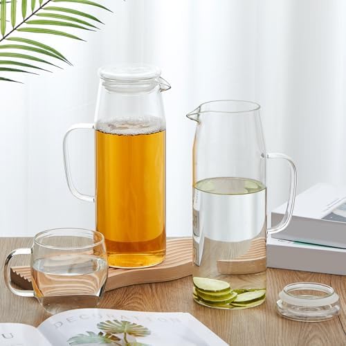 Hsei 2 Sets Glass Pitcher with Lid Water Carafe, Glass Lid, 2L
