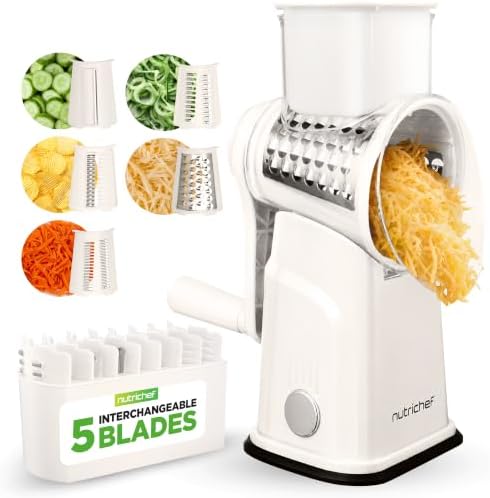 NutriChef 5 in 1 Cheese Grater & Shredder | 5 Different Blades for Thin, Thick, Julienne Strips, Wavy, & Straight Strips | Includes Hand Crank, Strong Suction Base & Storage Container | White