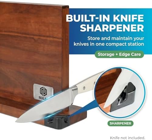 Magnetic Knife Block with Built-in Sharpener, Double-Sided Countertop Magnetic Knife Holder, Holds Up to 12 Knives & Metal Kitchen Tools, Brown