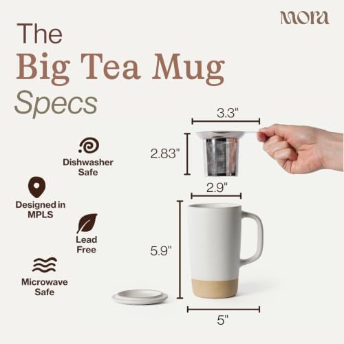 MORA Ceramics Large Tea Mug with Loose Leaf Infuser and Ceramic Lid, 18 oz, Portable, Microwave, Dishwasher Safe, Tall Coffee Cup - Rustic Matte Ceramic Glaze, Modern Herbal Tea Strainer, Dawn