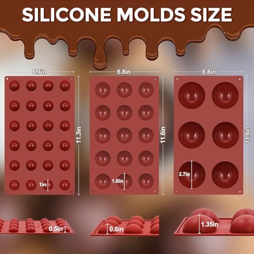 3 Packs Silicone Hot Chocolate Bomb Molds, 2.7" 1.6" 1" Semi Sphere Molds for Making Chocolate, Cake, Jelly, Dome Mousse (6/15/24 Cups)