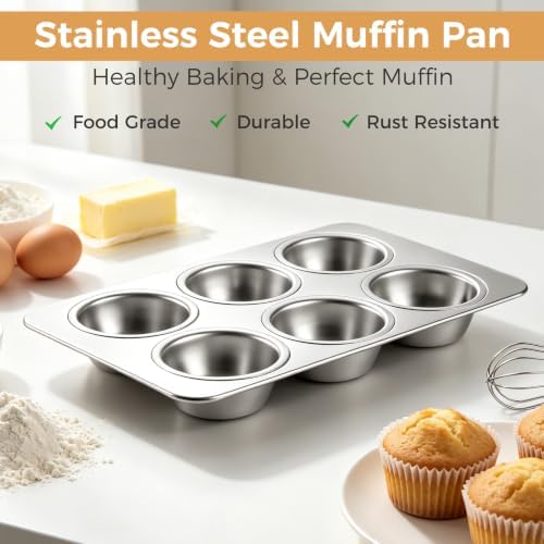 Onader 6-Cup Muffin Pan Tin, Stainless Steel Cupcake Pan Non-Toxic, 1 Piece