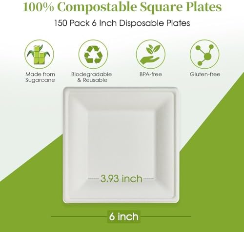 ECOLipak 150 Piecs Compostable Square Paper Plates, 6 inch, White