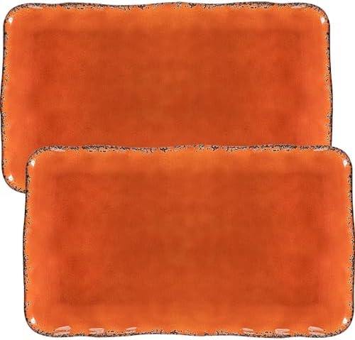 Vintage Melamine 17" x 10" Serving Platters for Serving Food, Set of 2, 100% Melamine Large Rectangle Serving Trays Sets for Fruit, Appetizer, Dessert, Home and Party Use. Orange